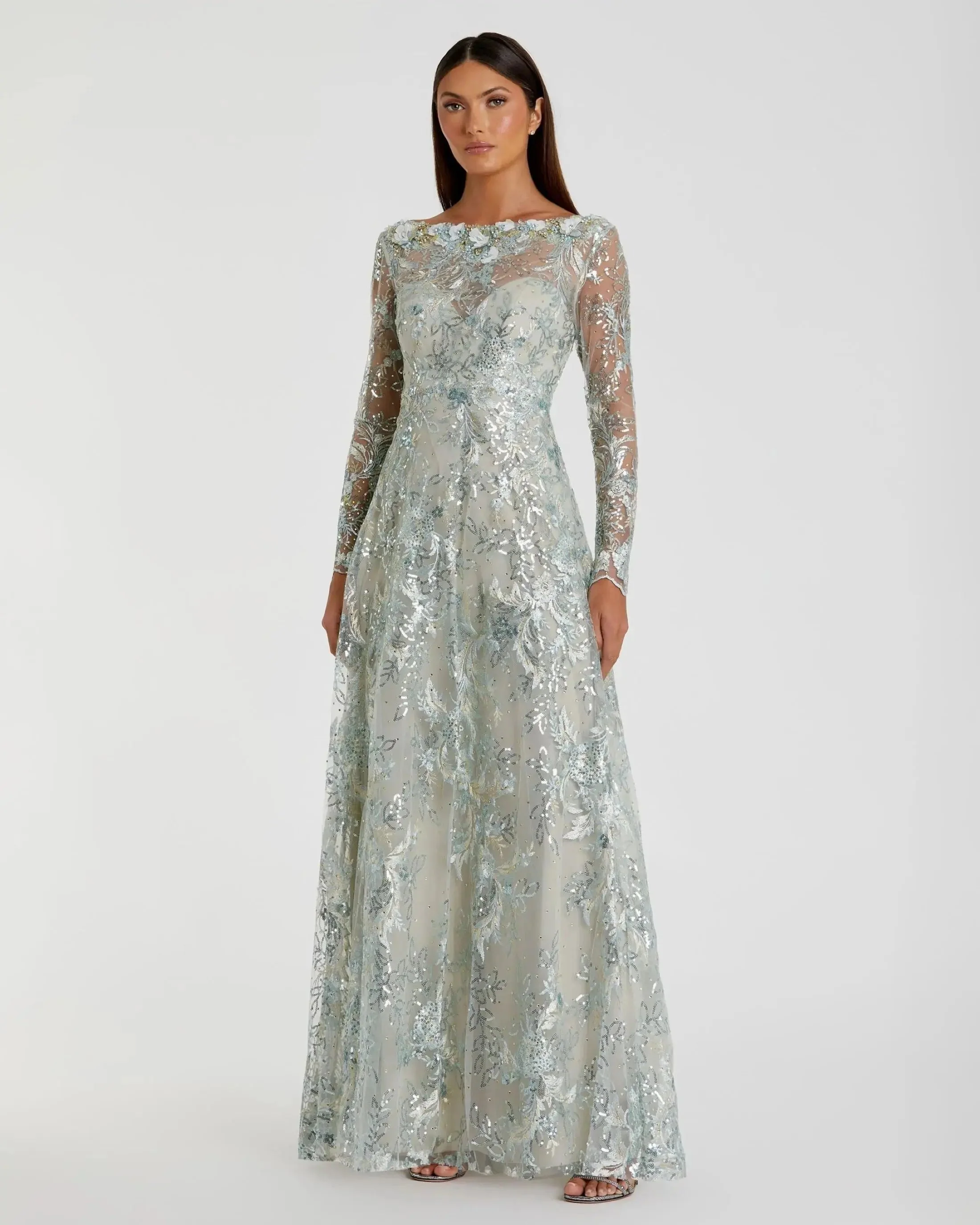 Green Floral Embroidered Illusion Long Sleeve Gown