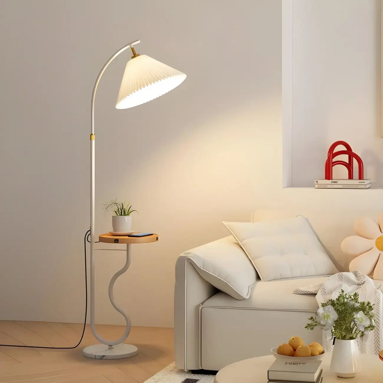 Modern White Arc Floor Lamp with Storage Shelf for Living Room
