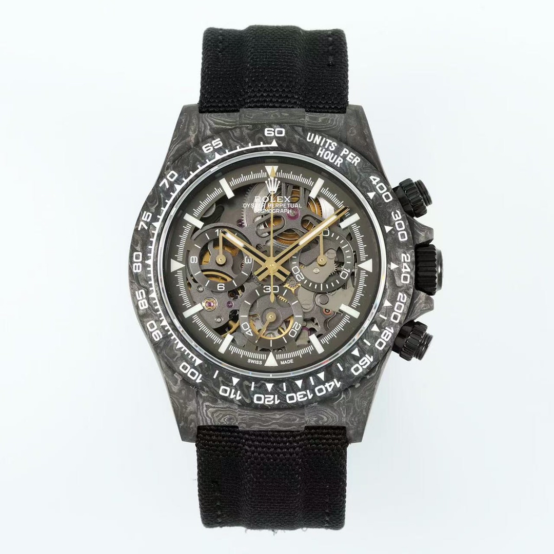 Skeleton dial Daytona carbon replica with gold hands and black strap