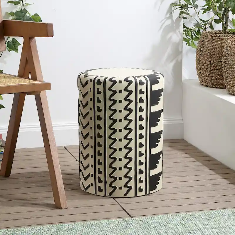 Zakhai 18  MidCentury Modern Geometric Drum Garden Stool, Cream/Black, by JONATHAN Y