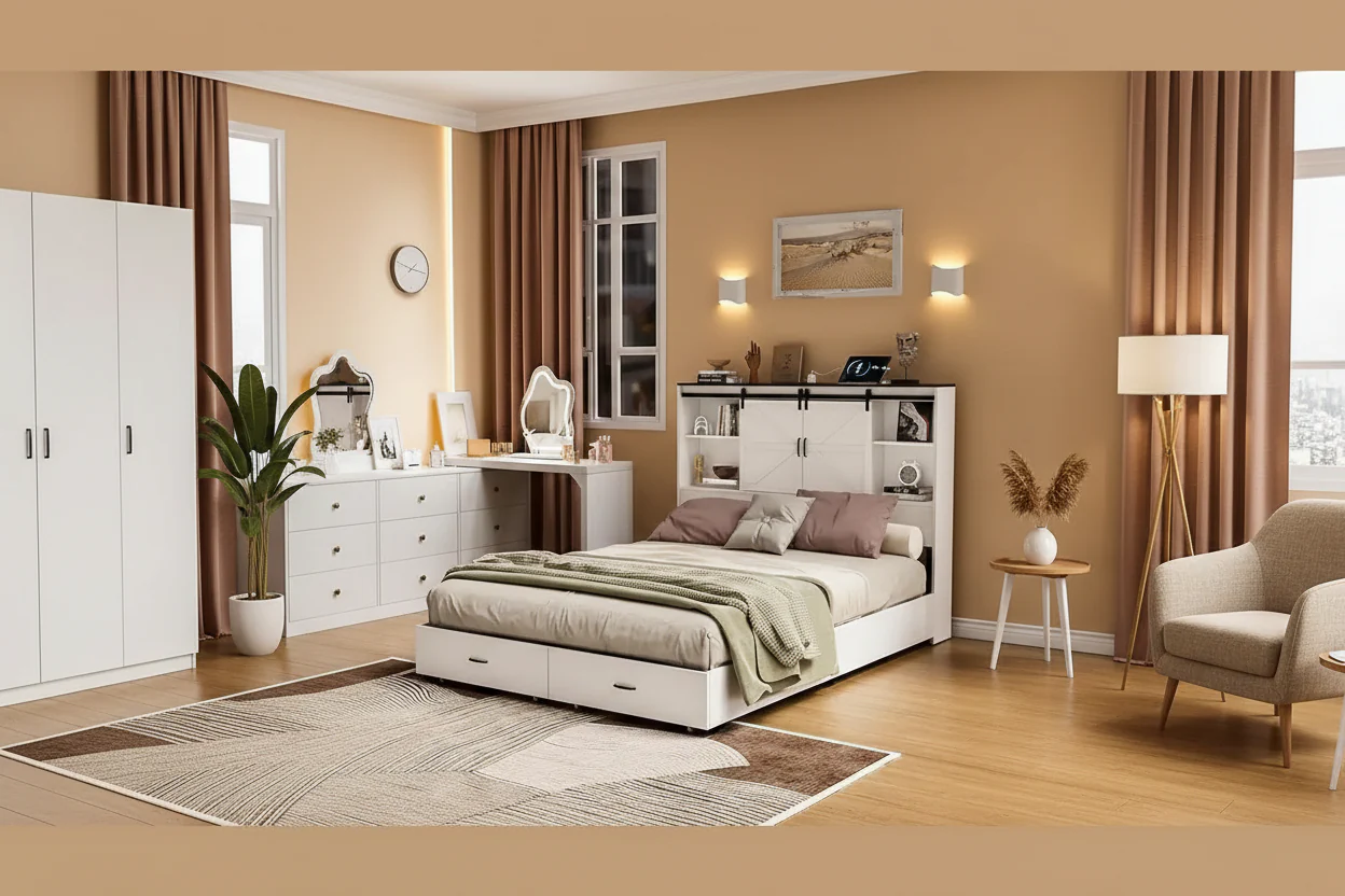 White Farmhouse Queen Bed Frame with Storage, For 1-2 People