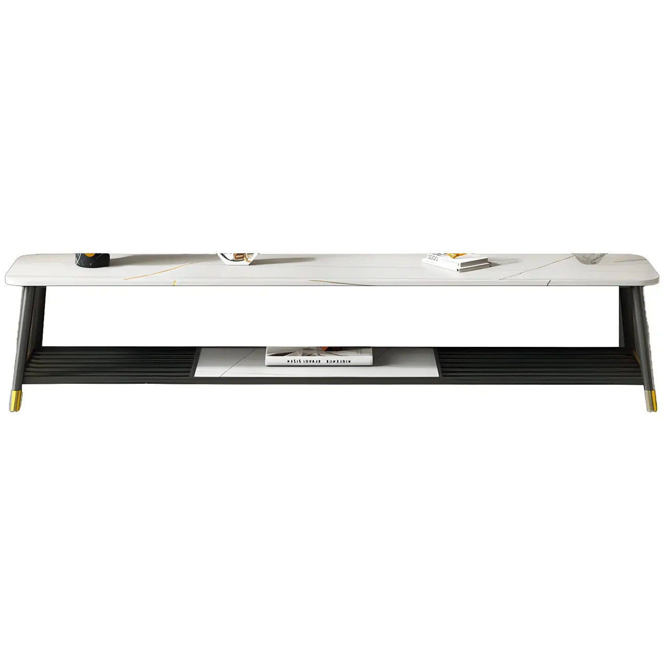 Modern White Stone TV Stand with Open Shelving