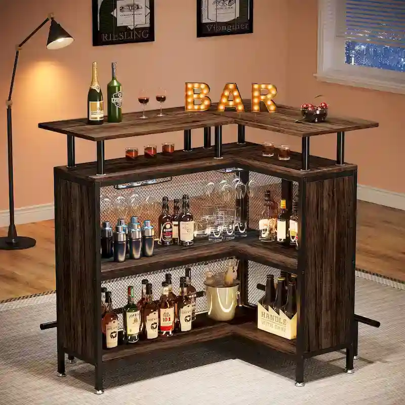 L-shape Bar Table with Stemware Racks and Shelves - N/A