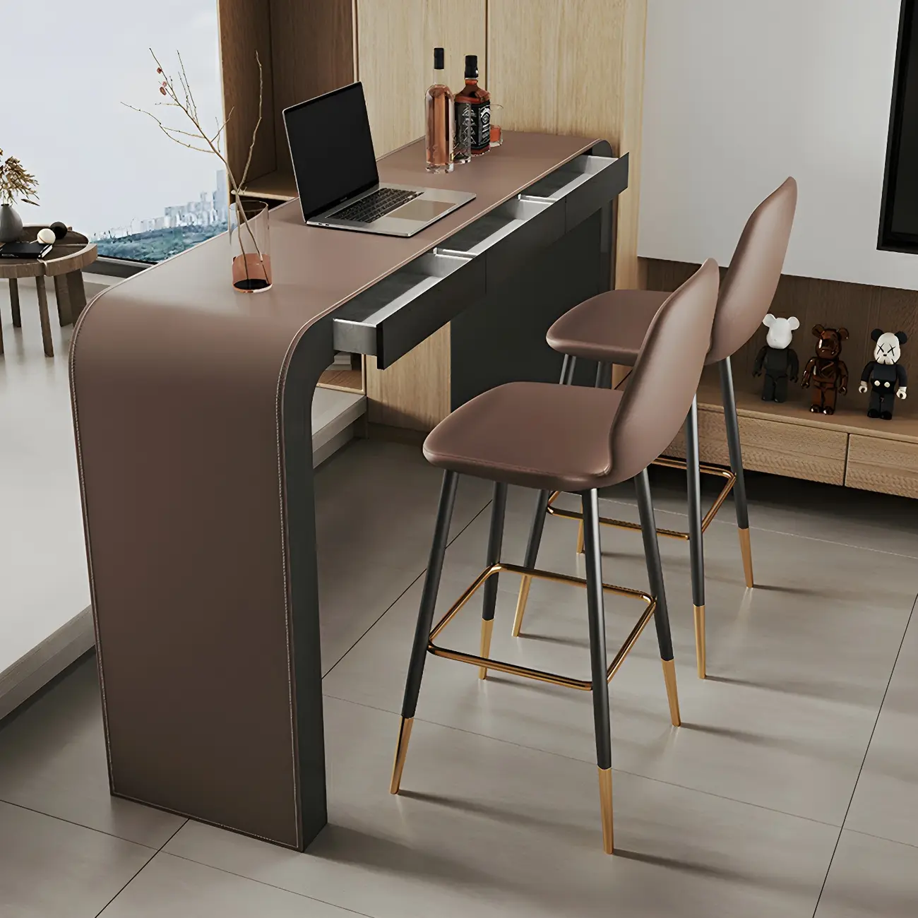 Modern Brown Leather Wooden Curved Bar Tables with 3 Drawers