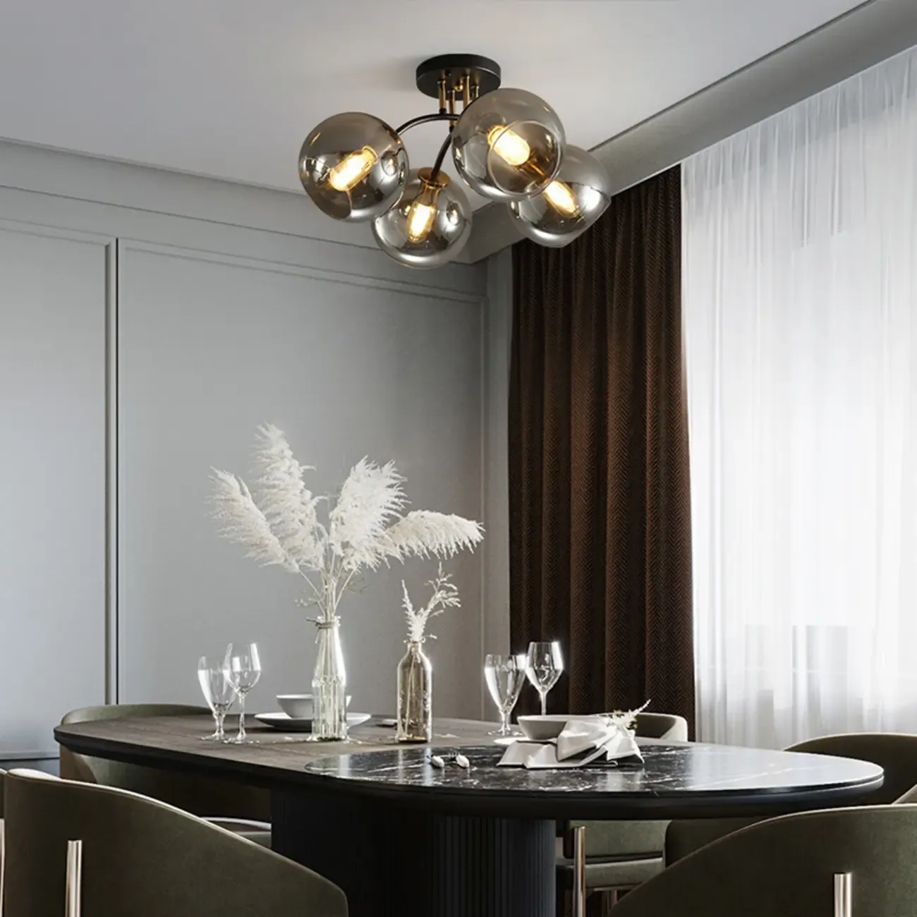 Modern Smoke Grey Glass Sphere Semi Flush Ceiling Light