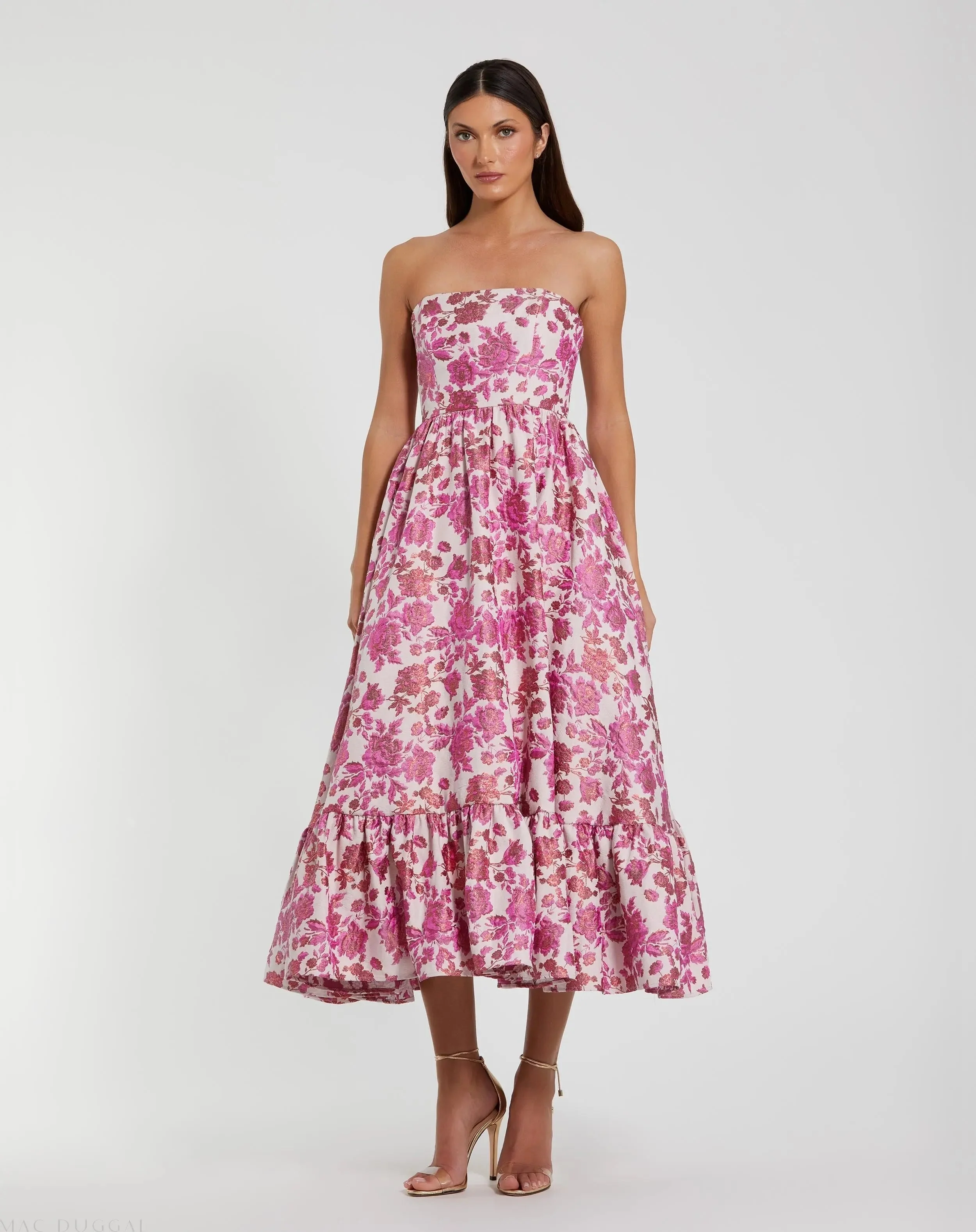 Pink Floral Brocade Strapless A Line Midi Dress