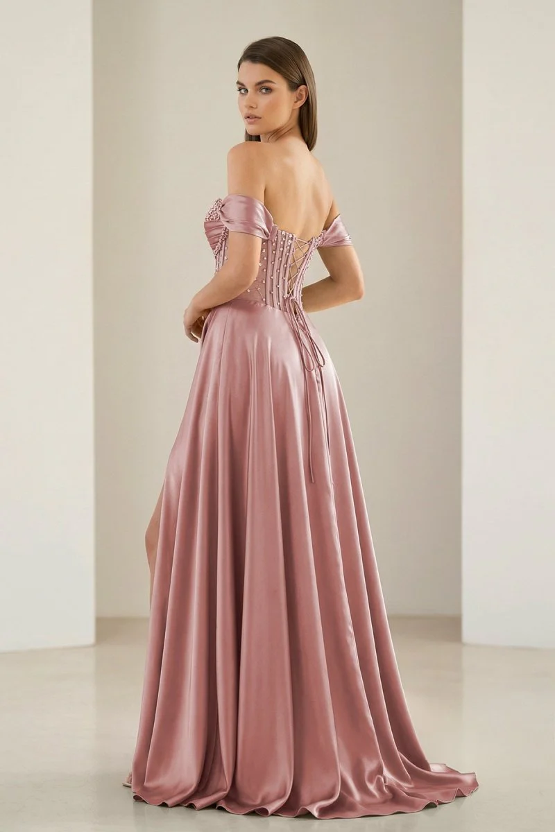 Sage Off The Shoulder A Line Satin Beaded Prom Dresses With Slit