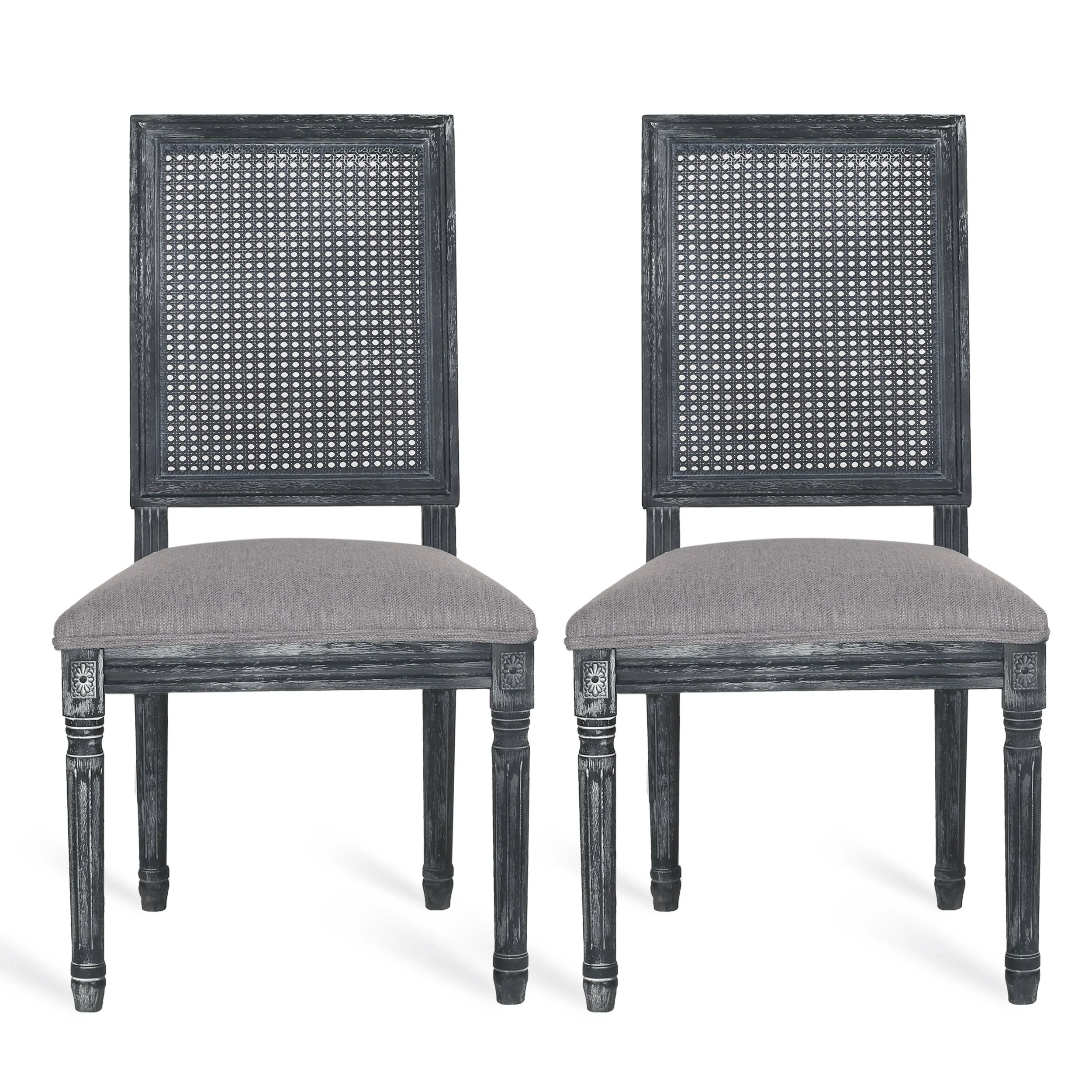 French Country Wood and Cane Upholstered Dining Chair, Set of 2 - NH784513