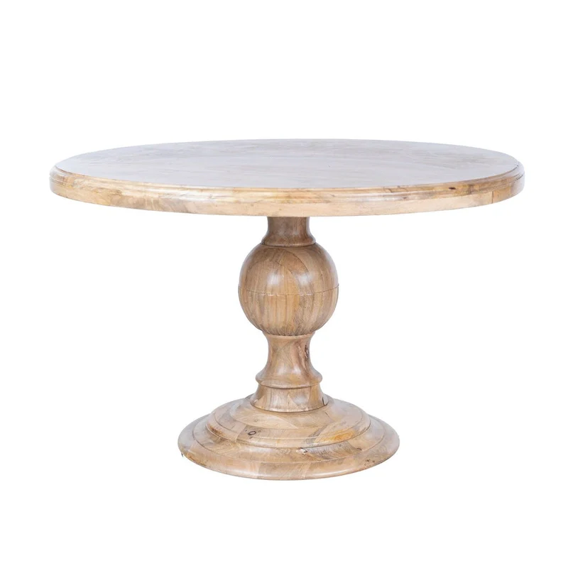 48 Round Dining Table, Antique Natural Mango Wood Pedestal Base