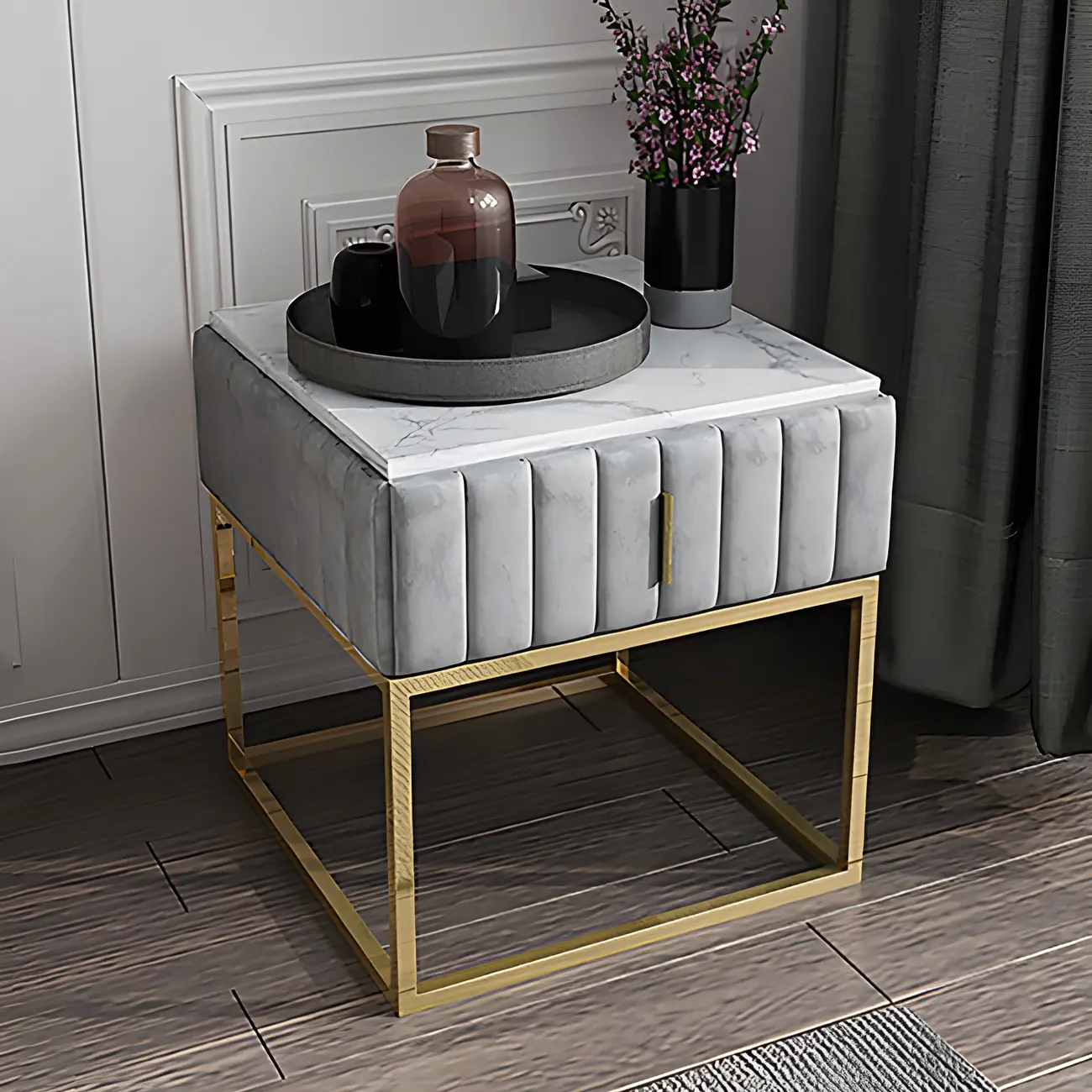 Glam Genuine Marble Nightstand with Drawers & Metal Base