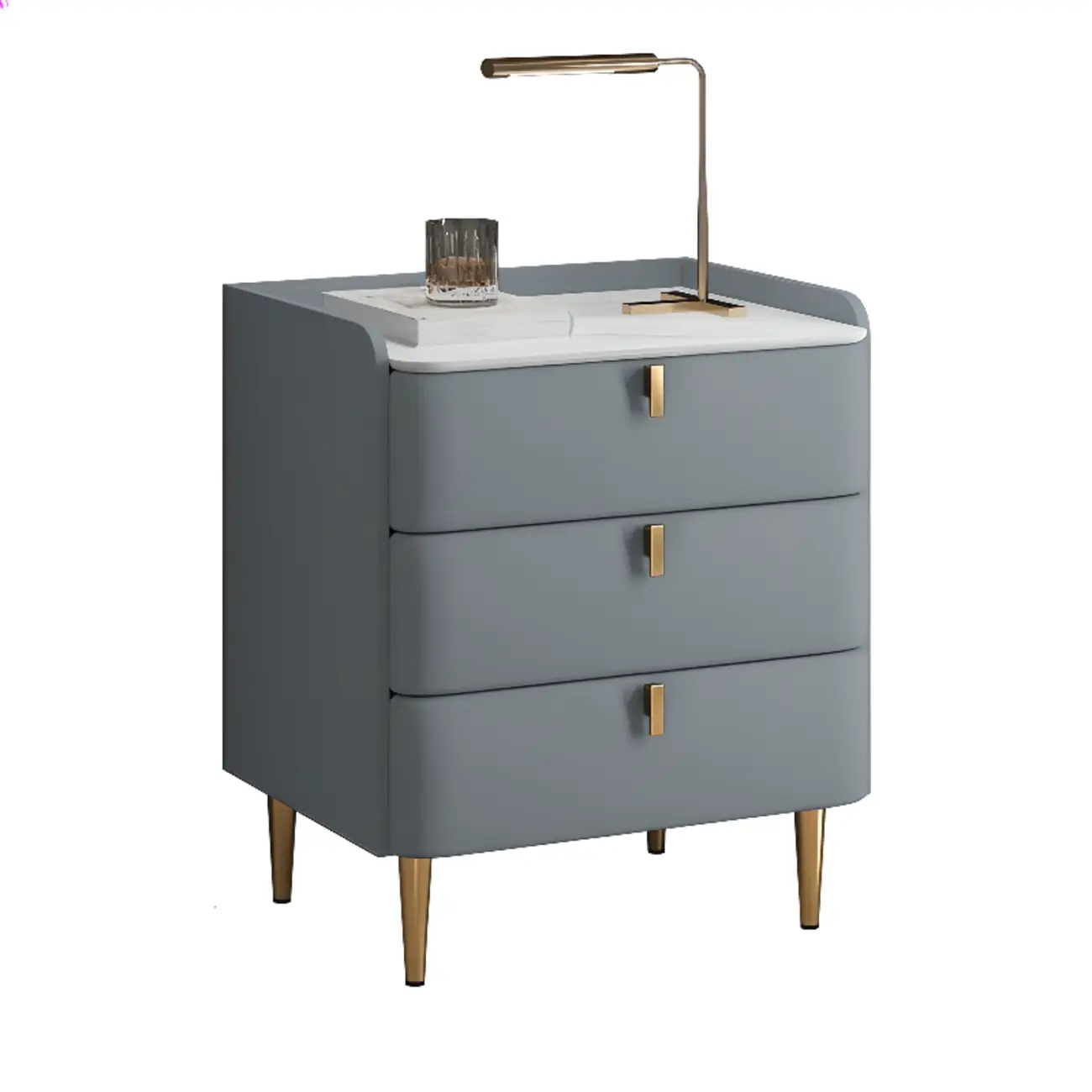 Modern Leather Stone Top Gold Accents 3-Drawer Nightstand