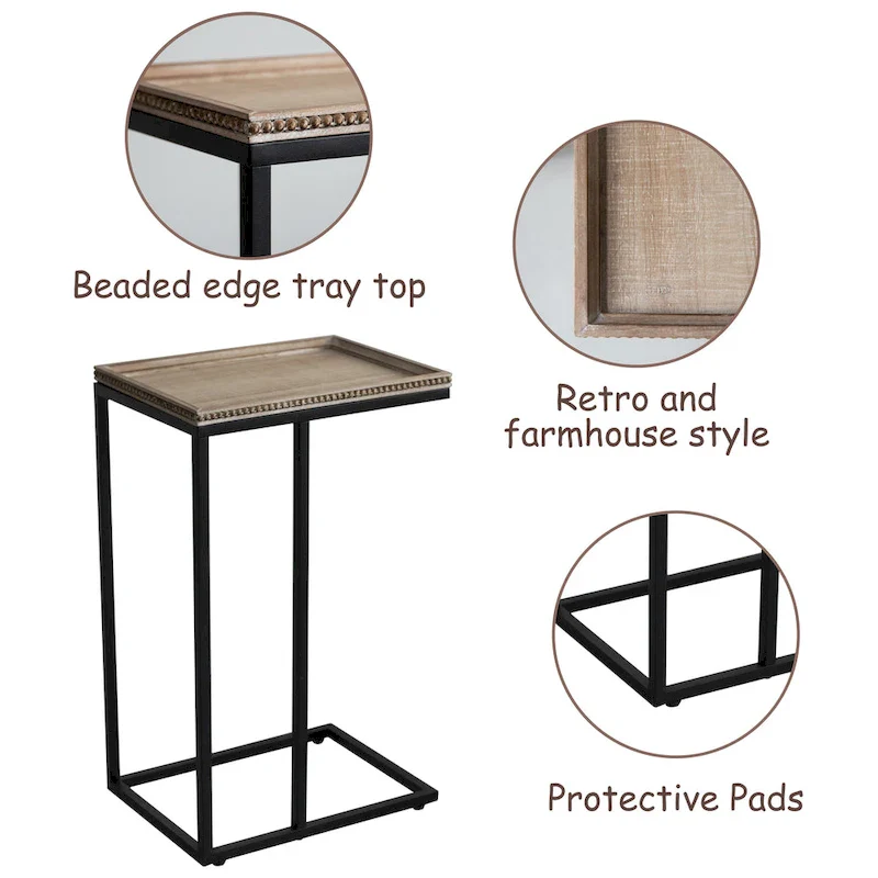 Distressed Wood C-Shaped End Table with Metal Base