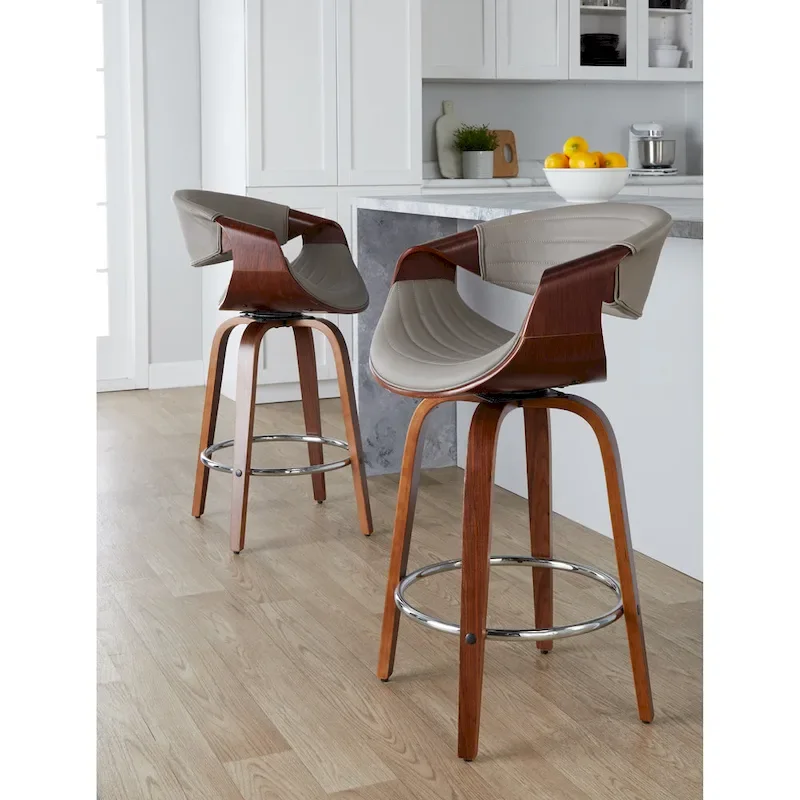 Faux Leather Counter Stool with Bent Wood Legs & Round Footrest (Set of 2)