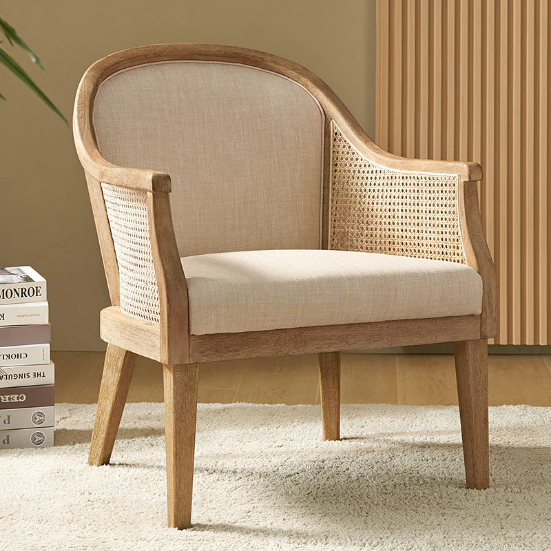 Rattan Side Panel Barrel Armchair with Linen-Look Fabric, Foam Fill & Rubber Wood Legs | Line / Ivory | Single Seat
