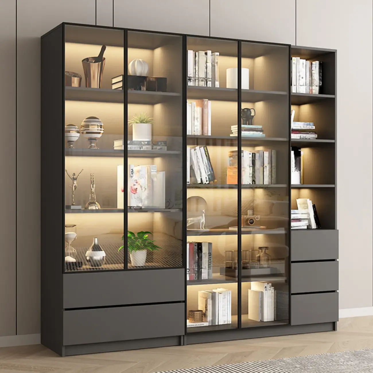 Black Wood Glass Door Storage Standard Display Cabinet
