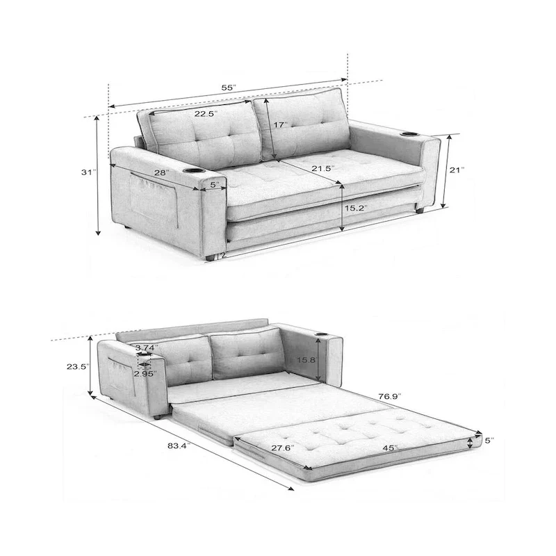 Oaks Aura Upholstered Futon Sofa with Pull-Out Sleeper Couch, Muticolour Choice Foldable Tufted Loveseat With Cup Holder