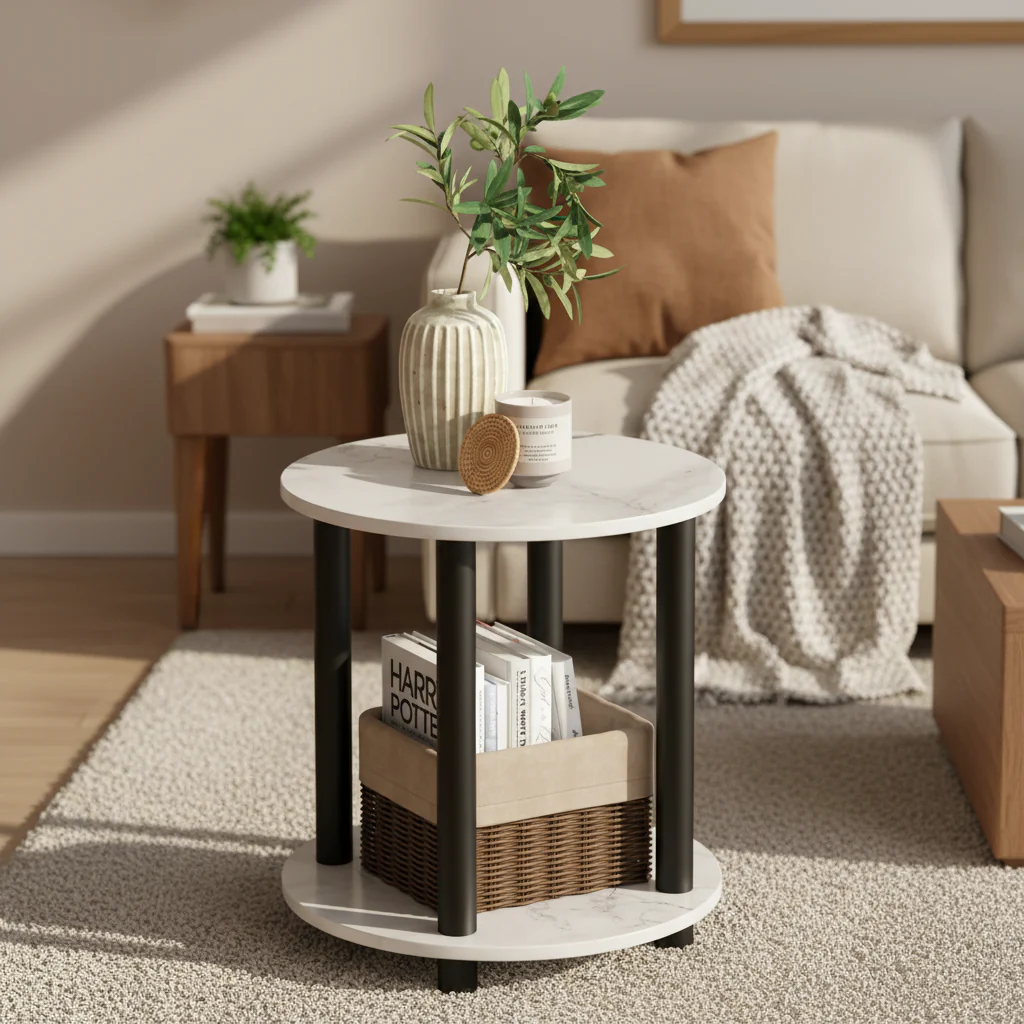 2-Tier Round End Table, Marble White