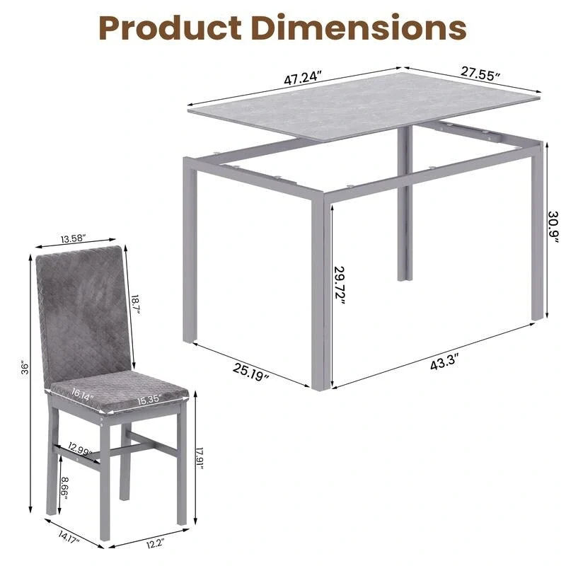 Modern Dining Room Table with Tempered Glass Tabletop and Diamond Stitching PU Leather Chairs