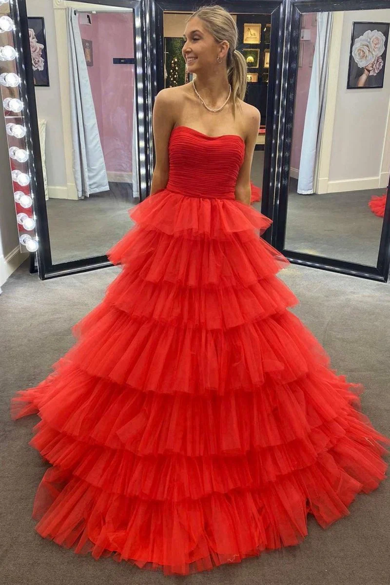 A-Line Strapless Tiered Tulle Prom Dress with Ruffles