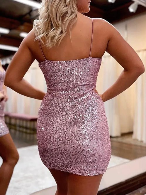 Lilac Sheath Spaghetti Straps Sequin Sexy Backless Mini Party Dresses