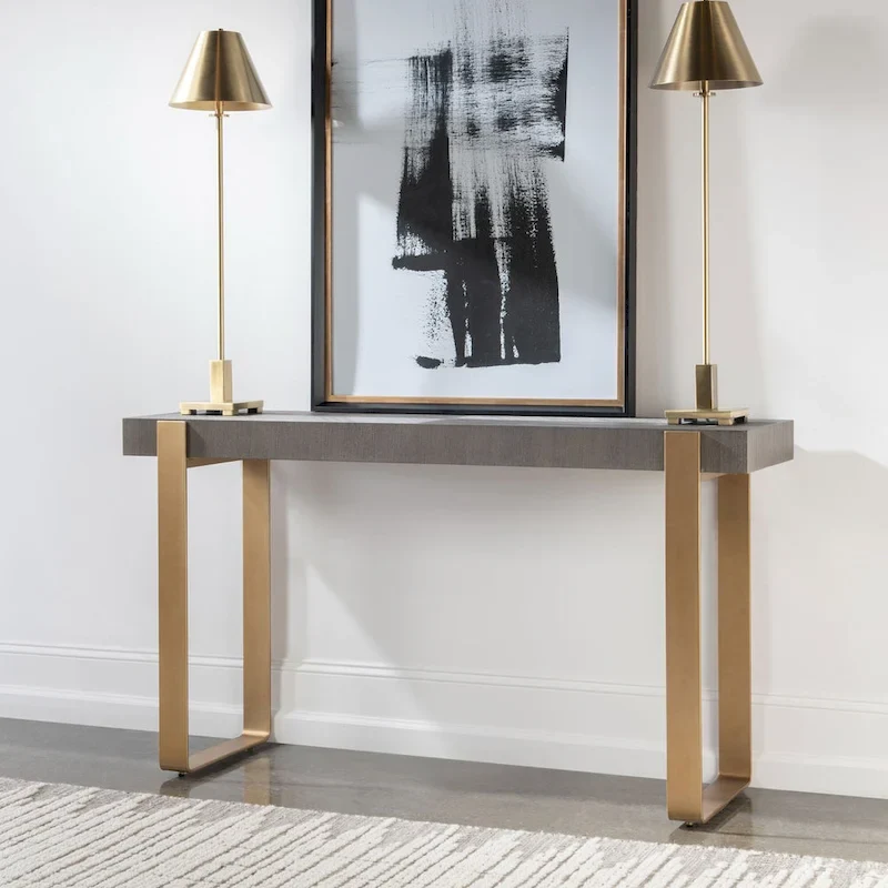 Rectangular Console Table with Strap Legs - 60 - Gray and Gold
