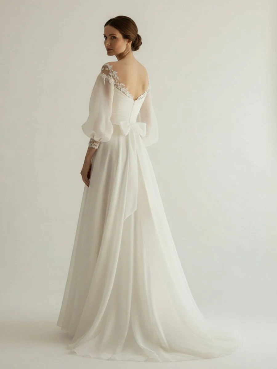 Elegant Simple Beach A-Line Lace Organza Floor Zipper Low-V BackWedding Dress with Sheer Sleeve