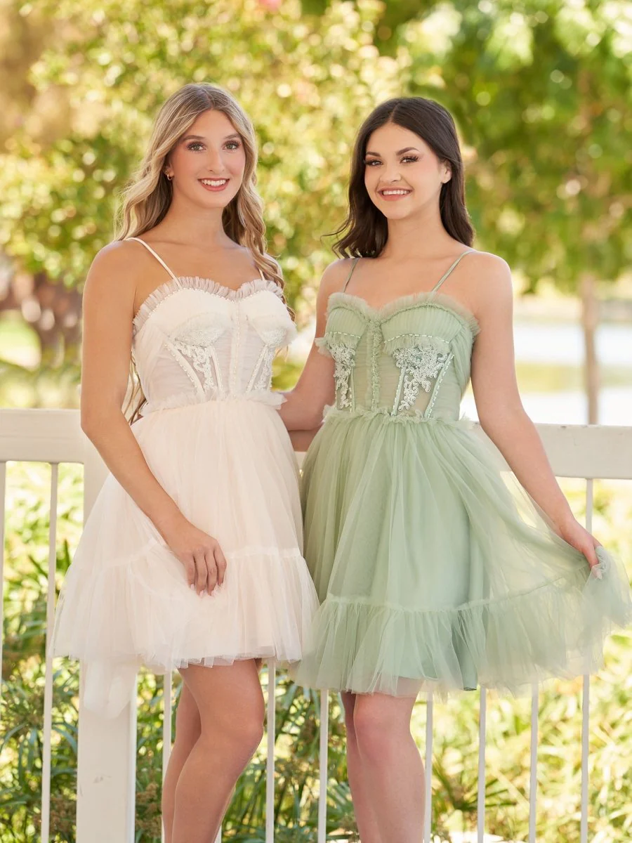 Spaghetti Straps Tulle Lace Appliques Short Prom Dresses With Bow