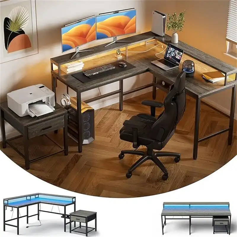 Grey Wood Finish L-Shaped Desk with Printer Stand, 1–2 Person