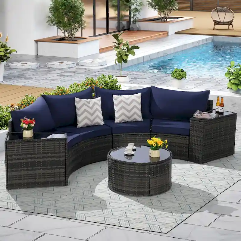 7-Piece Half-Moon Sectional Sofa Set with Glass Table
