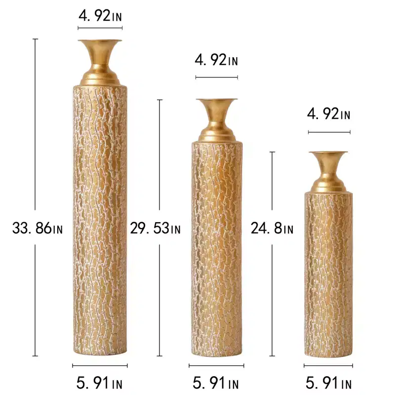 NAYSAYE 3-Piece Metal Decorative Vases, Distressed Vine Pattern Design for Stylish Home Decor Centerpieces, Antique Gold, 21.02*7.99*35.98