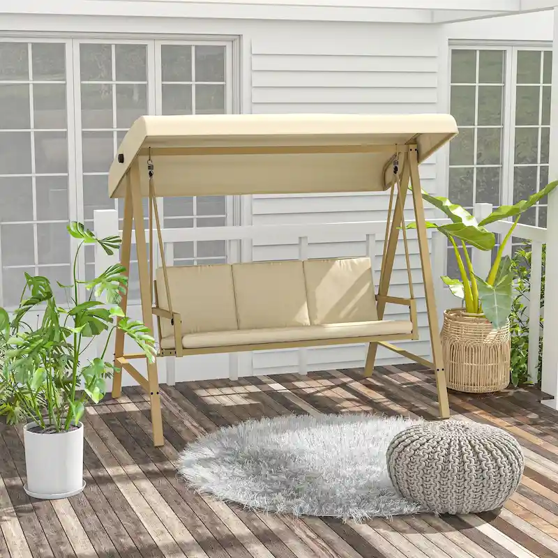Outsunny 3-Seat Outdoor Porch Swing with Stand, Heavy Duty Patio Swing Chair with Adjustable Canopy, Removable Cushions