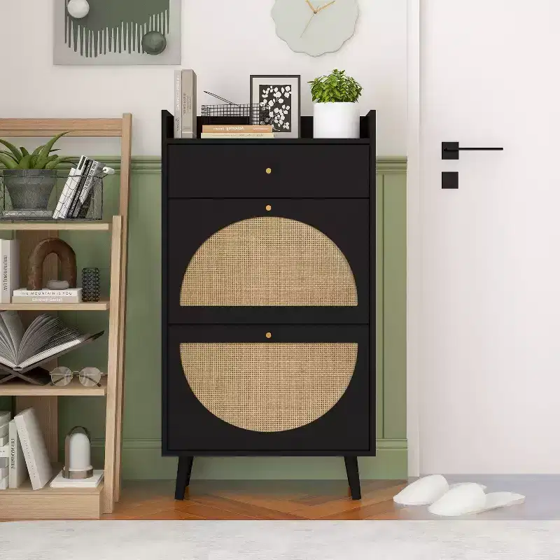 Modern Shoe Cabinet with Rattan Detailing, MDF Frame, Pine Wood Legs, and 1 Drawer+2 Flip Drawers, Multi-Shelf Storage Unit - ModernLuxe