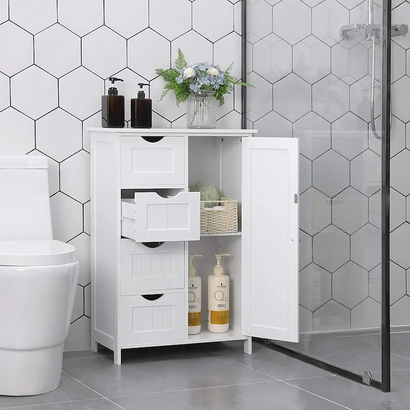 White Bathroom Storage Cabinet, Floor Cabinet with Adjustable Shelf and Drawers