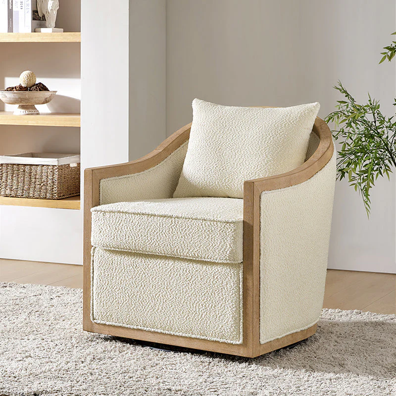 Barrel Swivel Chair with Slipper Arms & Solid Wood Edging | Ivory | Single Seat
