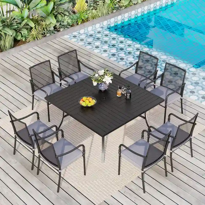MAISON ARTS 9-Piece Patio Dining Set with Square/Rectangular Metal Table and 8 Gourd Head Shape Armrest Dining Chairs