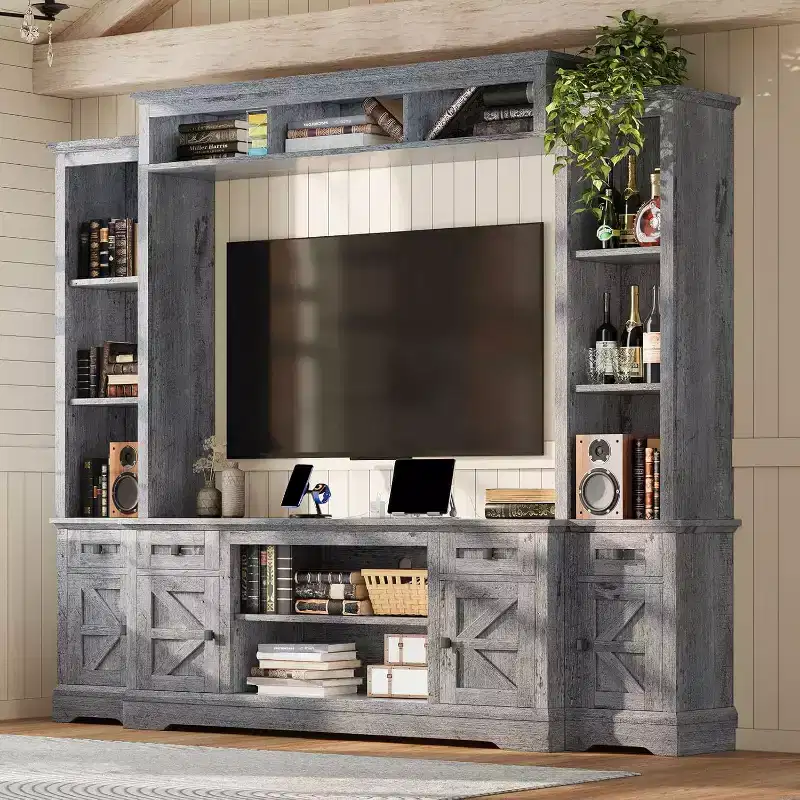 AMERLIFE Farmhouse Entertainment Center Wall Unit with Bookshelves