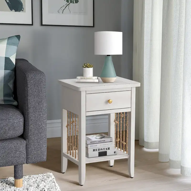 COSIEST Distressed White End Table with Drawer - 14 D x 18 W x 26.4 H