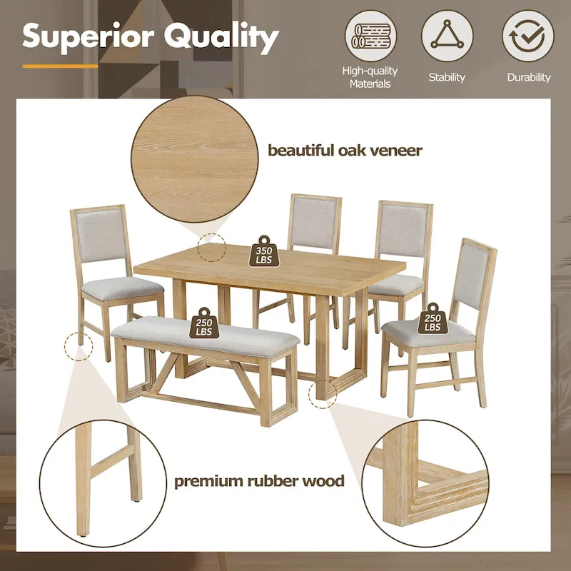 6 Piece Dining Table Chair Set, Wooden Kitchen Furniture Set with Acacia Wood Rectangular Table, 4 Chairs and 1 Bench