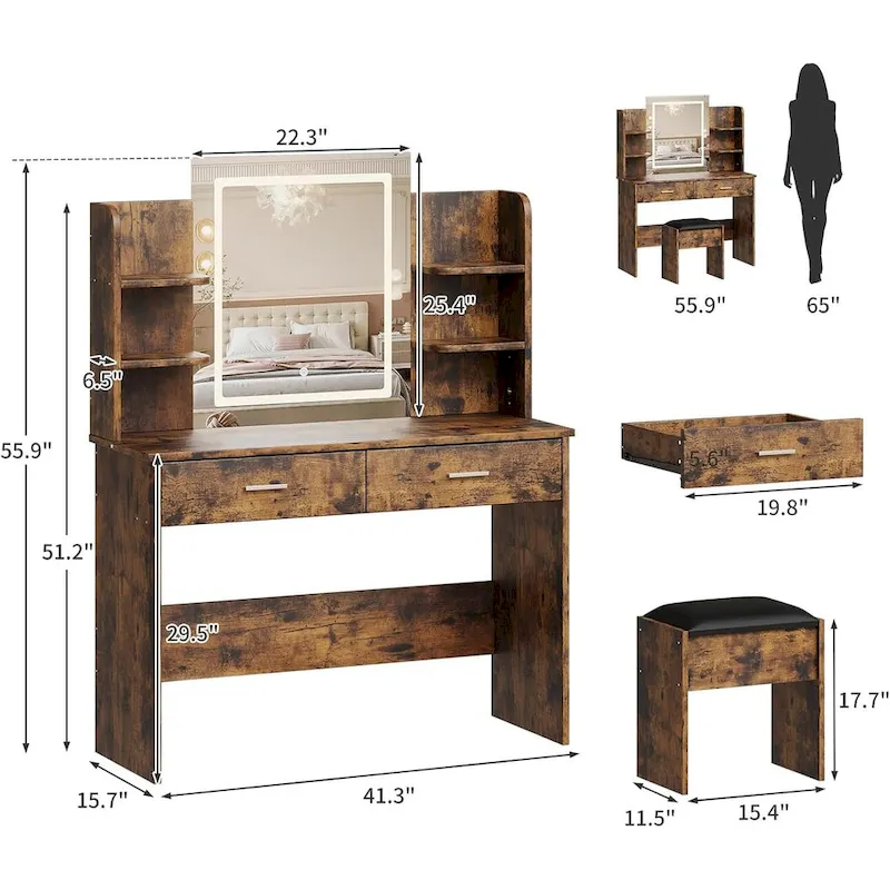 Makeup Vanity Desk with Mirror, Lights and Stool