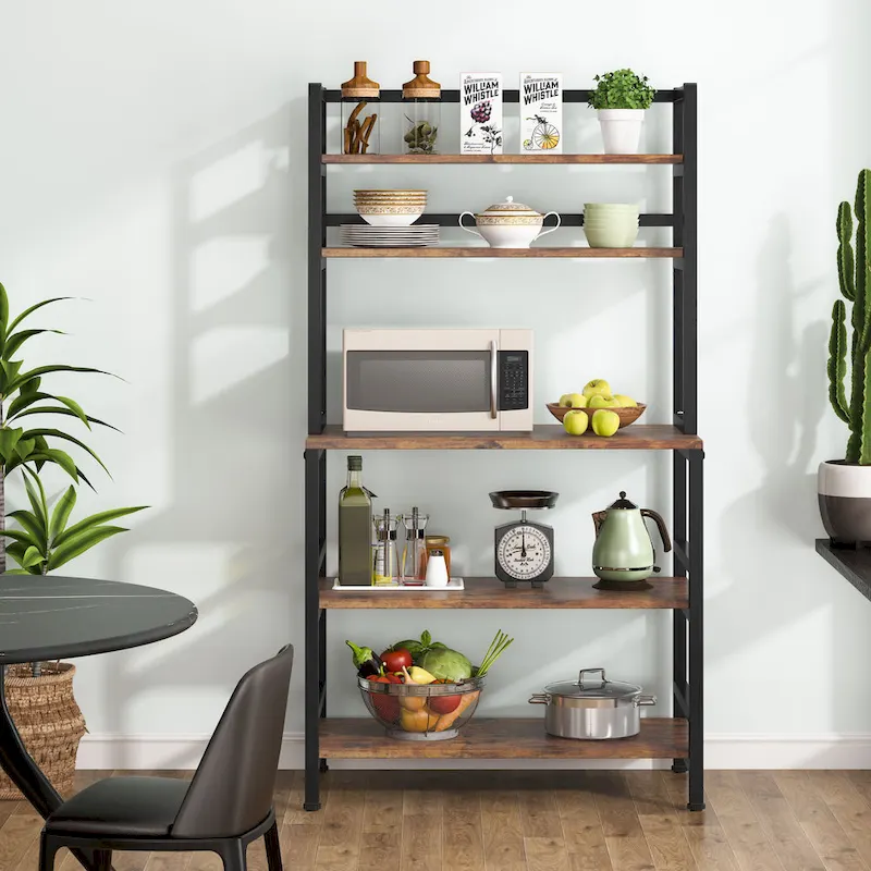 5-Tier Kitchen Bakers Rack with Hutch - Brown/Black/White