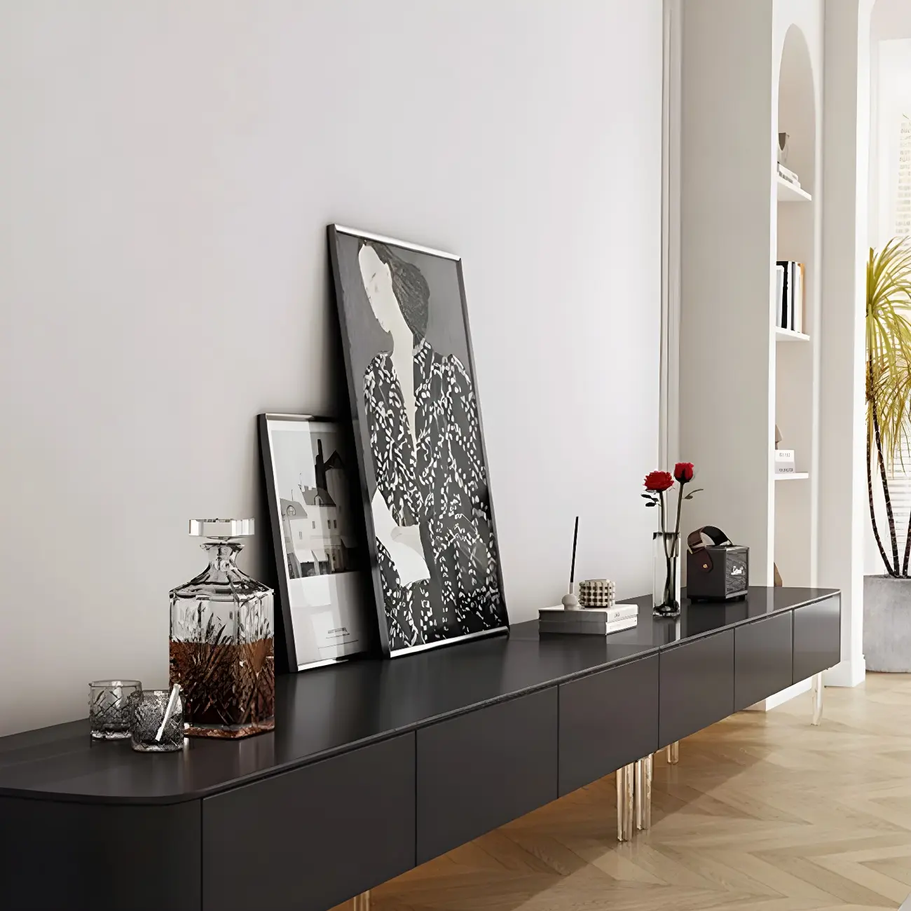 87 Modern Black Wooden Long TV Stand with Drawers