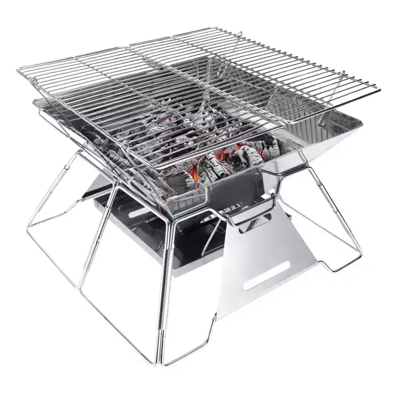 Brentwood 14-In. x 14-In. Stainless Steel Portable Folding Charcoal BBQ Grill and Outdoor Fire Pit with Carry Bag, BB-4X14SS in Silver
