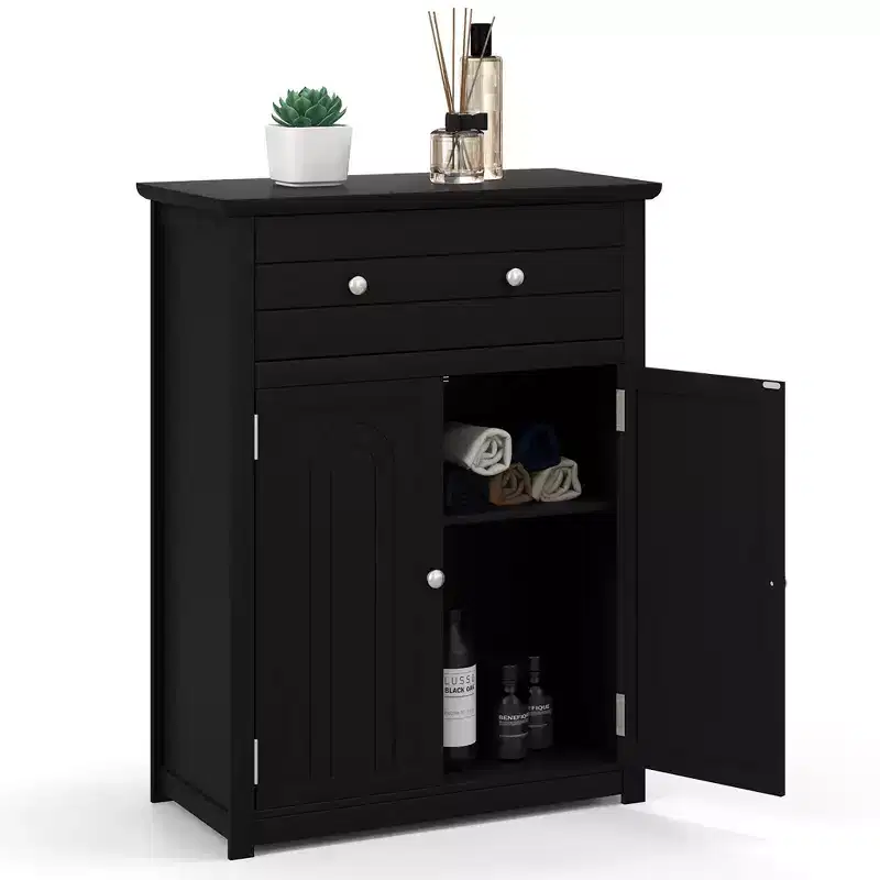 Costway Bathroom Floor Cabinet Wooden Storage Organizer with Drawer & Doors Blcak