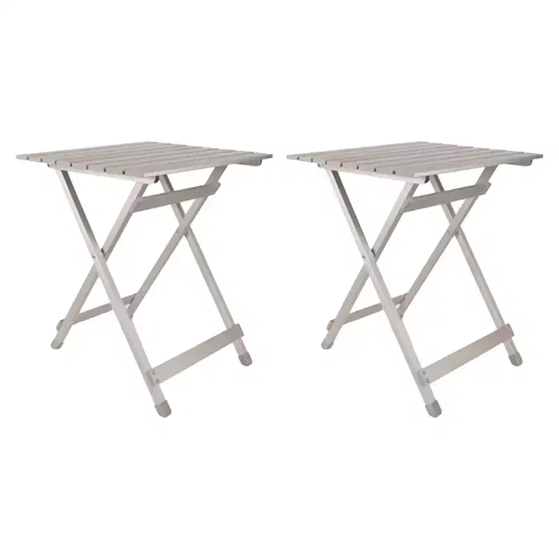 Camco 2 Pack Large Durable Aluminum Fold Away Design Multi Use Outdoor Side Table for RVs, Campsites, Picnics, and Patios, Silver