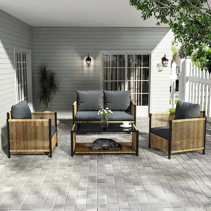 New Comming Patio 4 pieces Brown PE Wicker Sofa Set with Grey Cushion