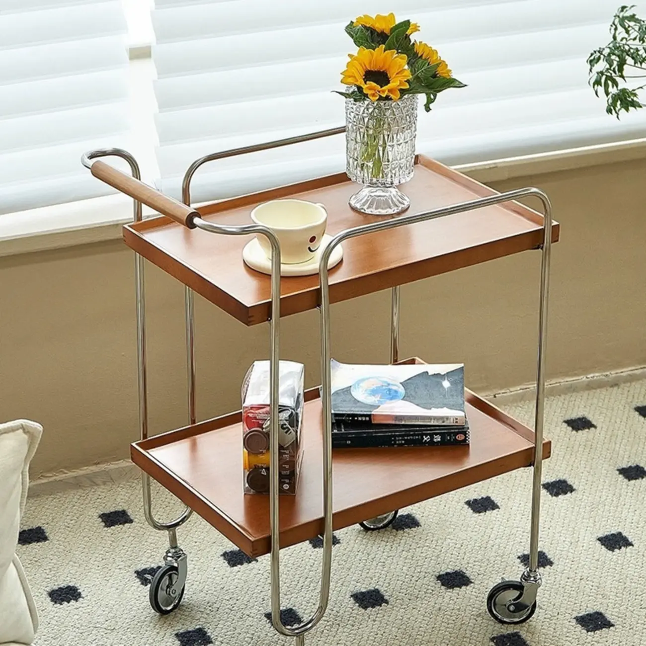 Brown Modern 2-Shelf Wood Rectangular Rolling Side Table