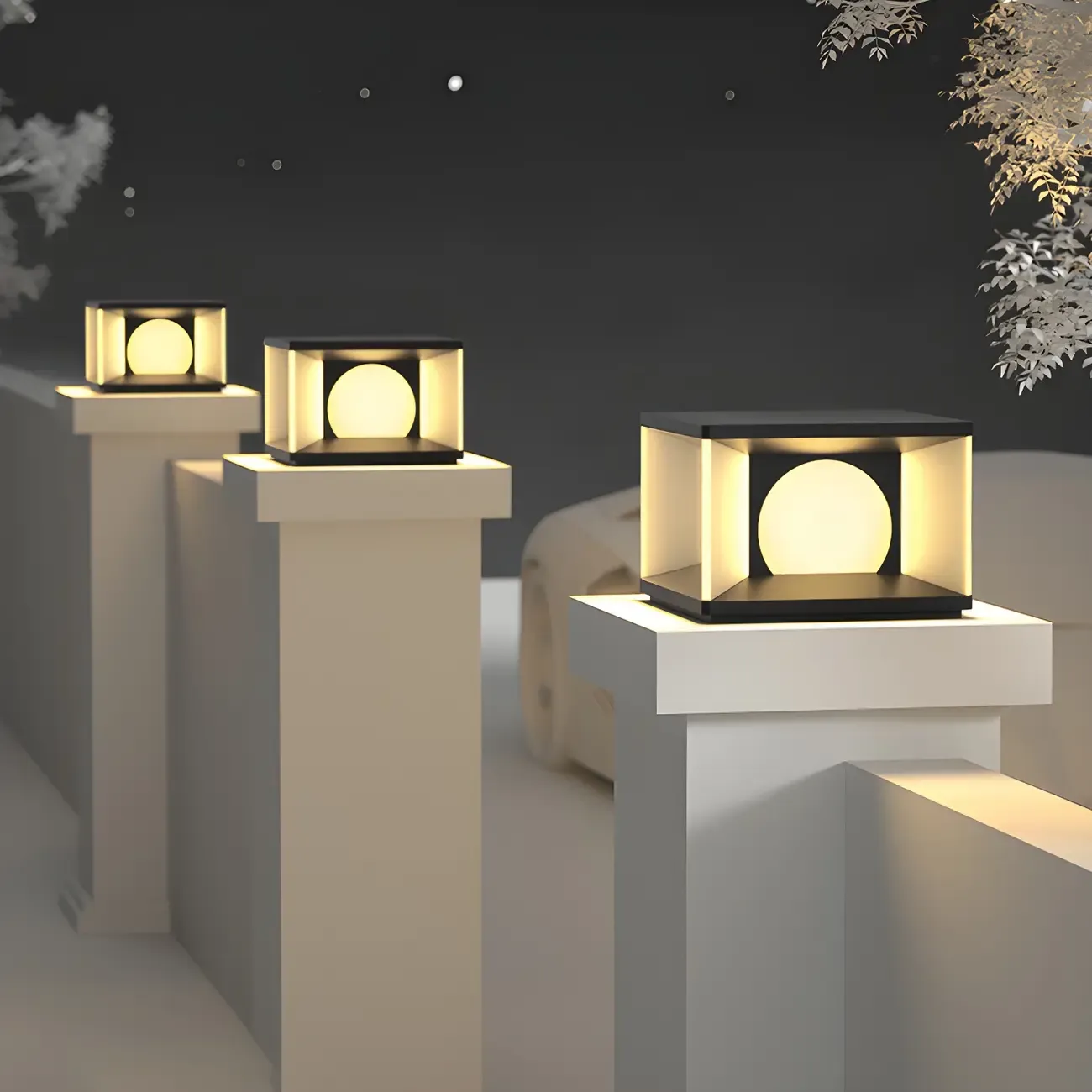 Warm Light Black Cube Solar LED Outdoor Post Lights