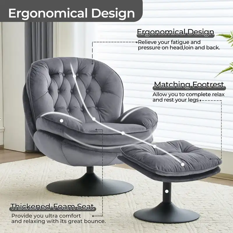 Velvet Swivel Accent Chair with Ottoman Round Reading Accent Chair Foot Stool Ottoman Set,360 Swivel,Metal Frame