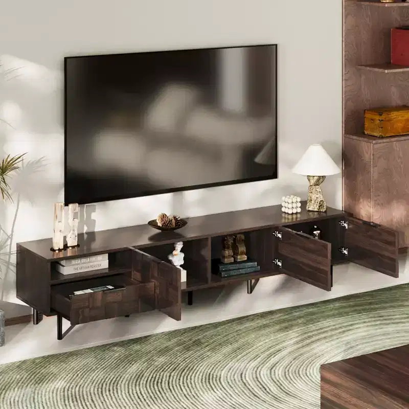 Vintage TV Stand with Drawer for 65+ inch TV, Wood TV Storage Cabinet Table with Doors and Solid Wood Legs for Living Room, Walnut