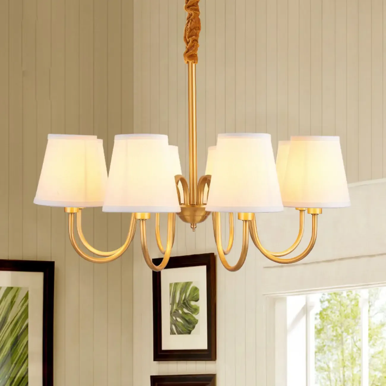 Modern Brass Hanging Chandelier with Fabric Shade